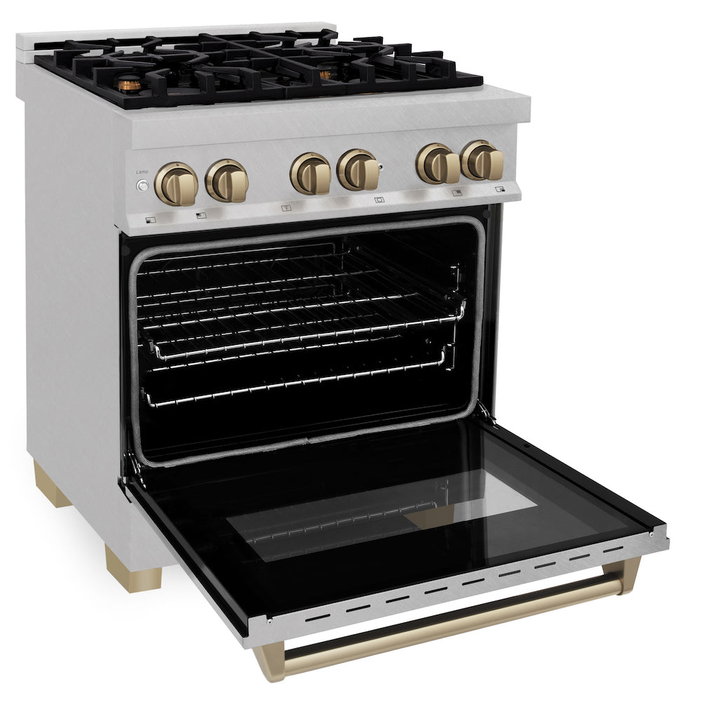 ZLINE Autograph Edition 30 in. 4.0 cu. ft. Dual Fuel Range with Gas Stove and Electric Oven in Fingerprint Resistant Stainless Steel with Champagne Bronze Accents (RASZ-SN-30-CB)