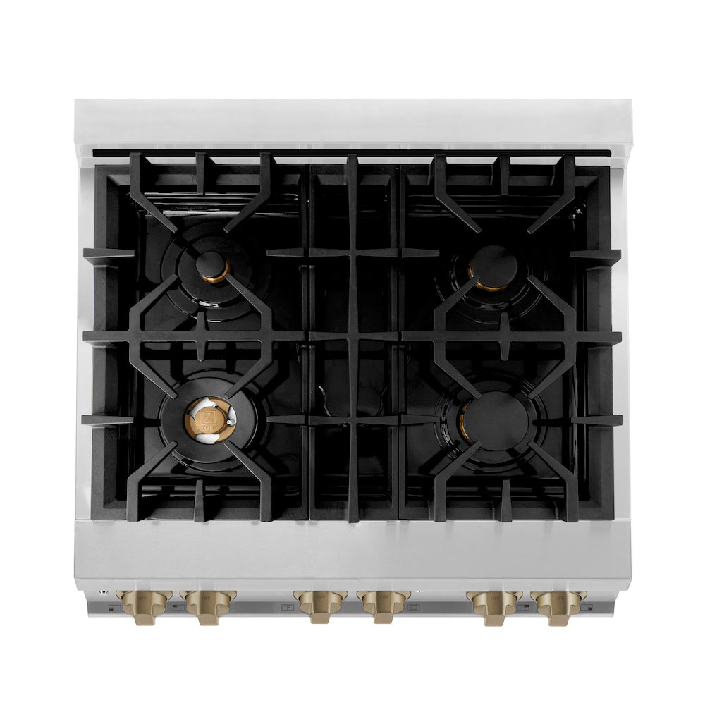 ZLINE Autograph Edition 30 in. 4.0 cu. ft. Dual Fuel Range with Gas Stove and Electric Oven in Stainless Steel with Champagne Bronze Accents (RAZ-30-CB)