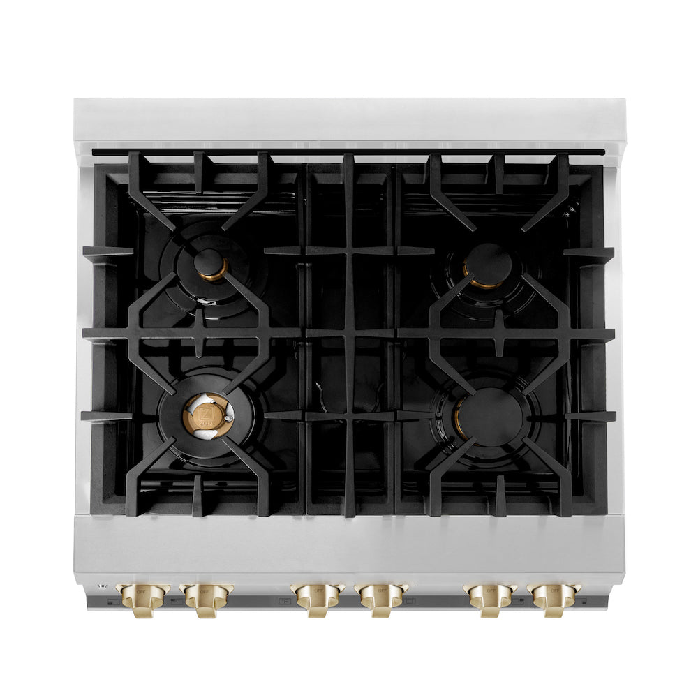 ZLINE Autograph Edition 30 in. 4.0 cu. ft. Dual Fuel Range with Gas Stove and Electric Oven in Stainless Steel with Polished Gold Accents (RAZ-30-G)