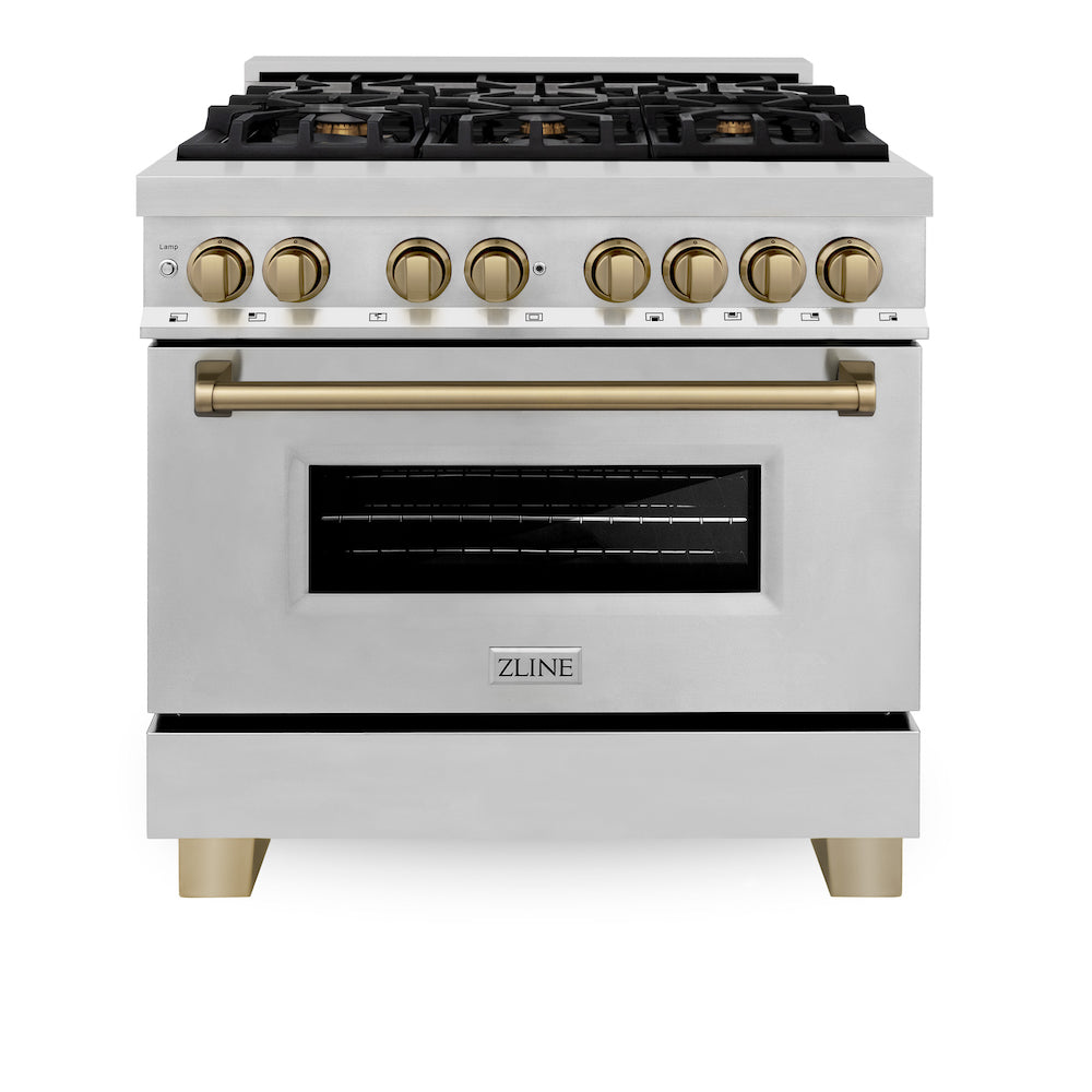 ZLINE Autograph Edition 36 in. 4.6 cu. ft. Dual Fuel Range with Gas Stove and Electric Oven in Stainless Steel with Champagne Bronze Accents (RAZ-36-CB)