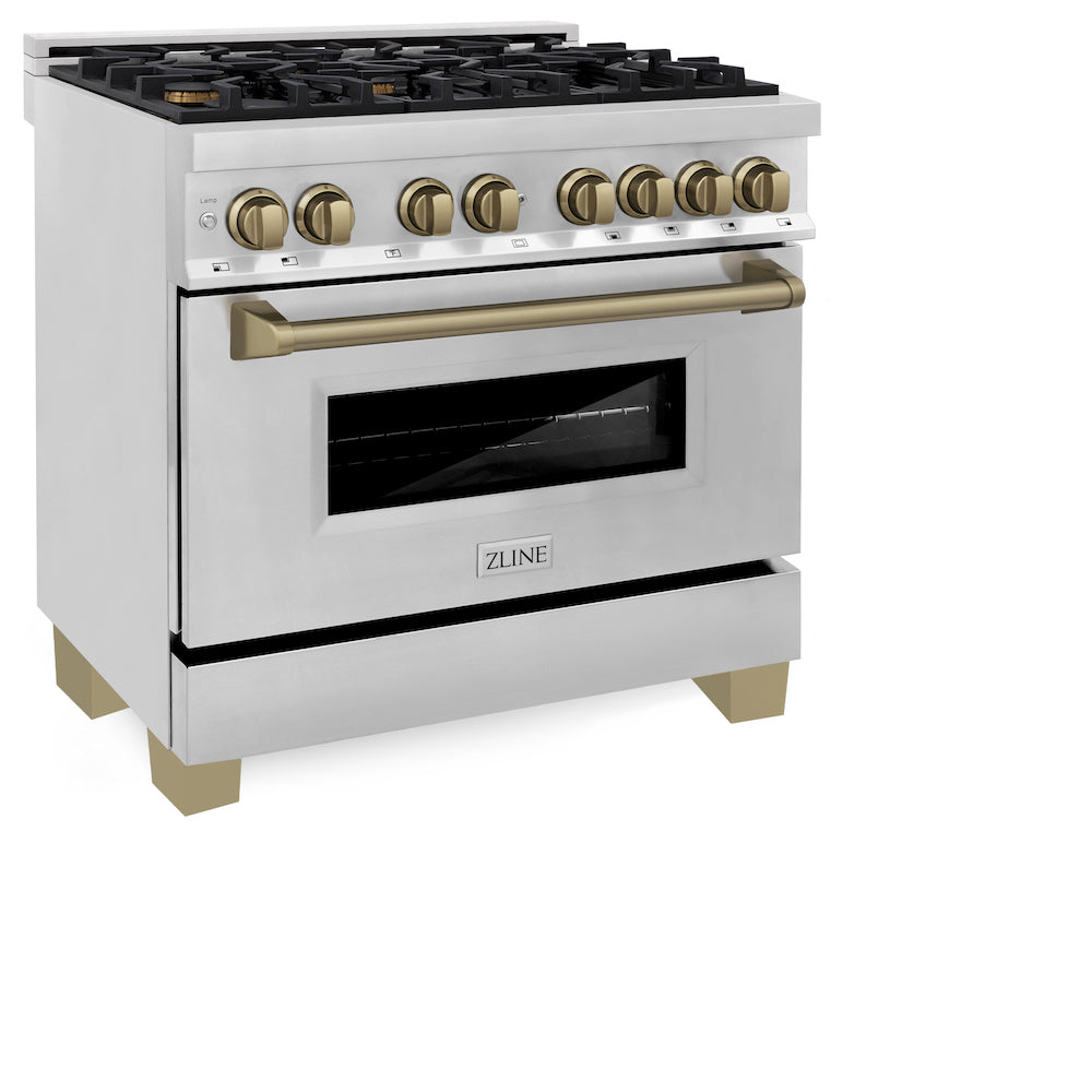 ZLINE Autograph Edition 36 in. 4.6 cu. ft. Dual Fuel Range with Gas Stove and Electric Oven in Stainless Steel with Champagne Bronze Accents (RAZ-36-CB)