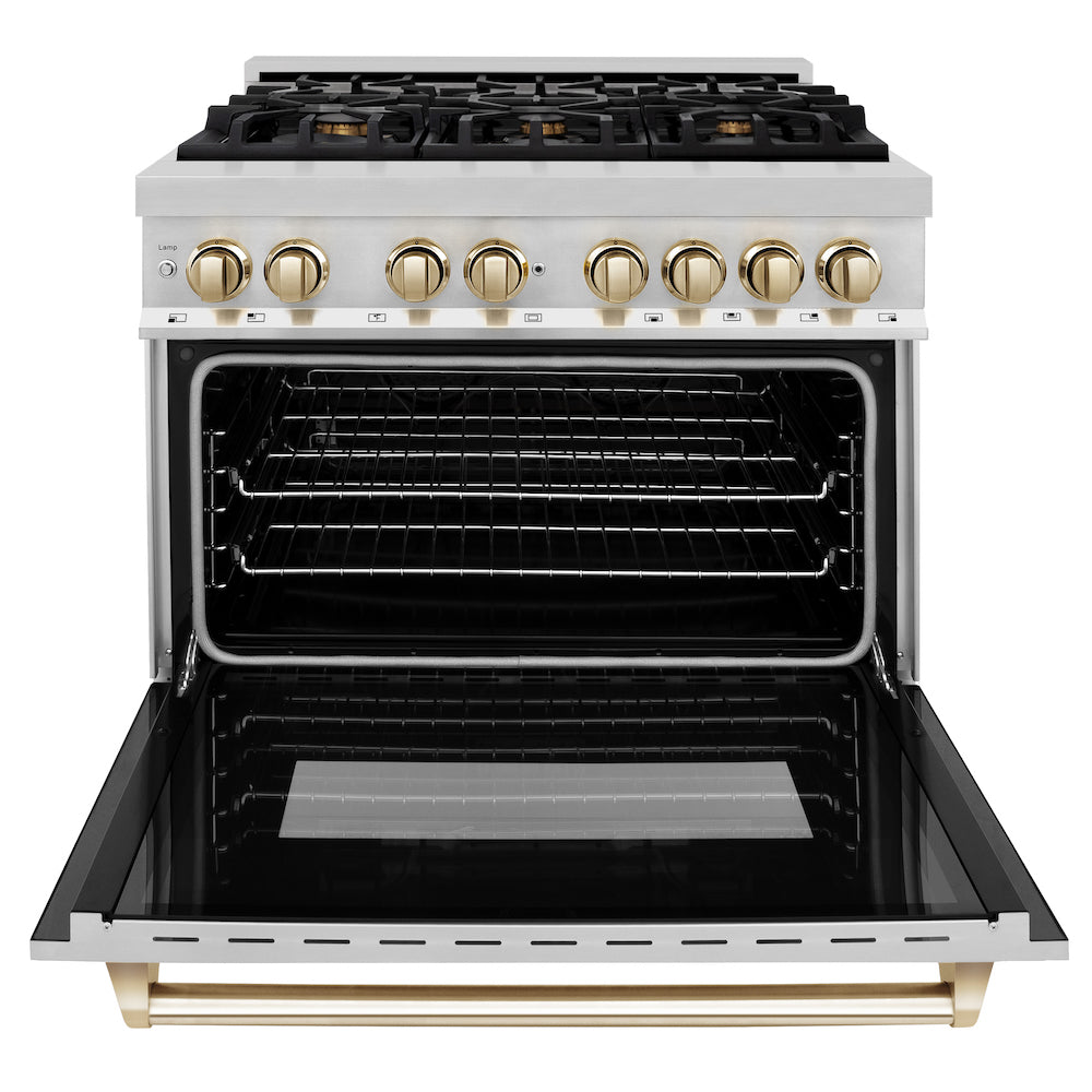 ZLINE Autograph Edition 36 in. 4.6 cu. ft. Dual Fuel Range with Gas Stove and Electric Oven in Stainless Steel with Polished Gold Accents (RAZ-36-G)