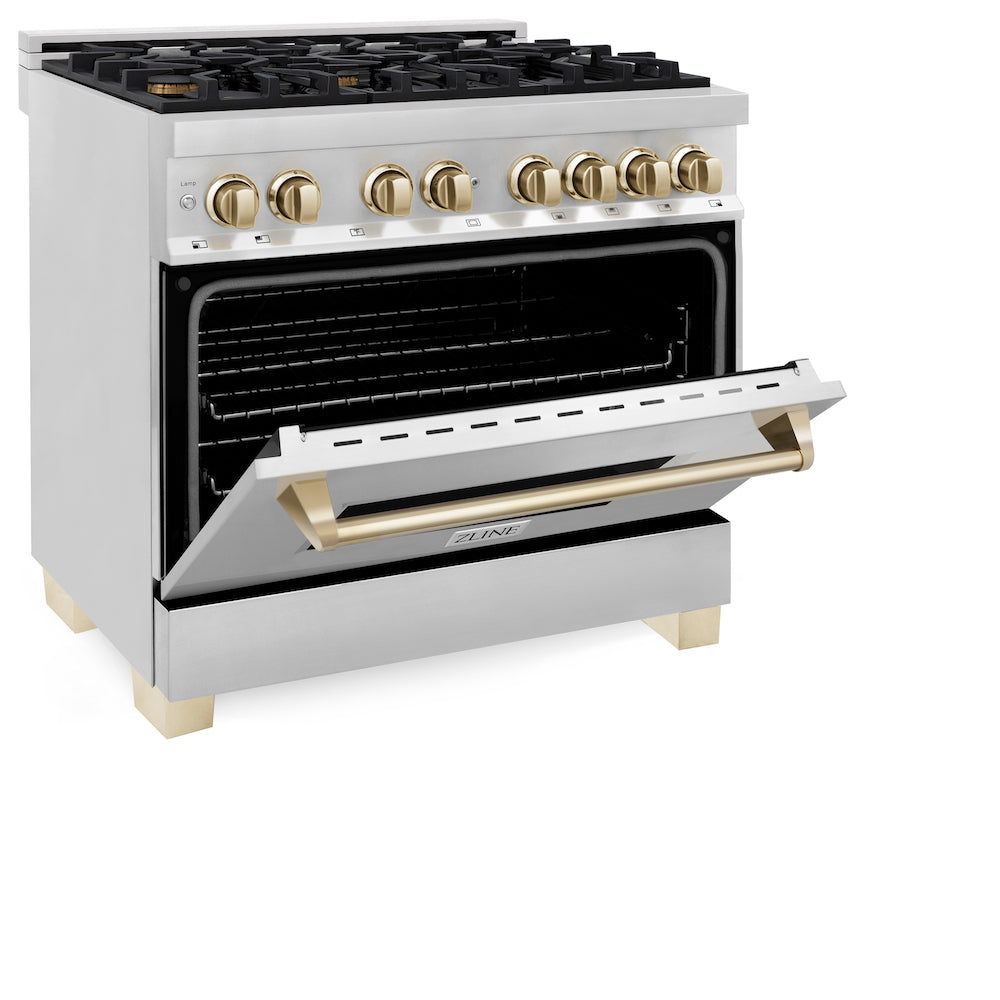 ZLINE Autograph Edition 36 in. 4.6 cu. ft. Dual Fuel Range with Gas Stove and Electric Oven in Stainless Steel with Polished Gold Accents (RAZ-36-G)