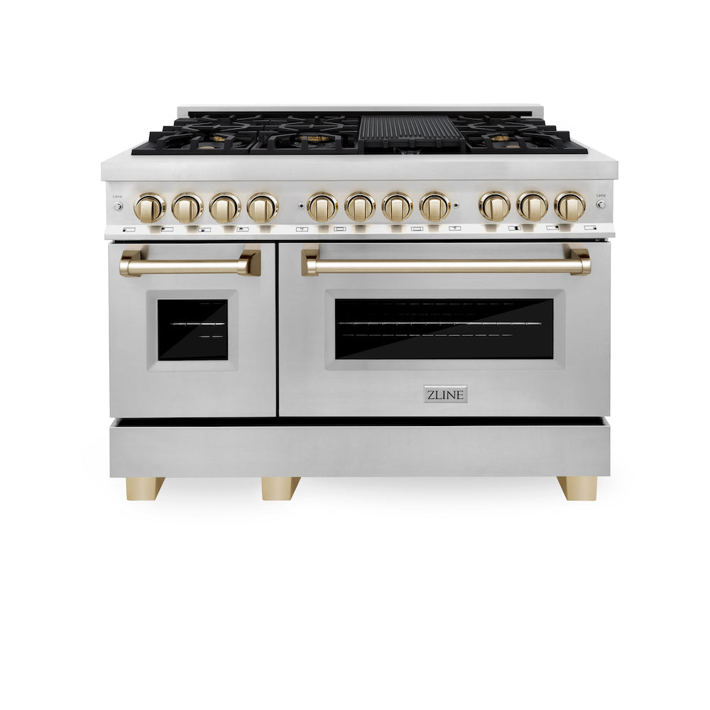 ZLINE Autograph Edition 48 in. 6.0 cu. ft. Dual Fuel Range with Gas Stove and Electric Oven in Stainless Steel with Polished Gold Accents (RAZ-48-G)