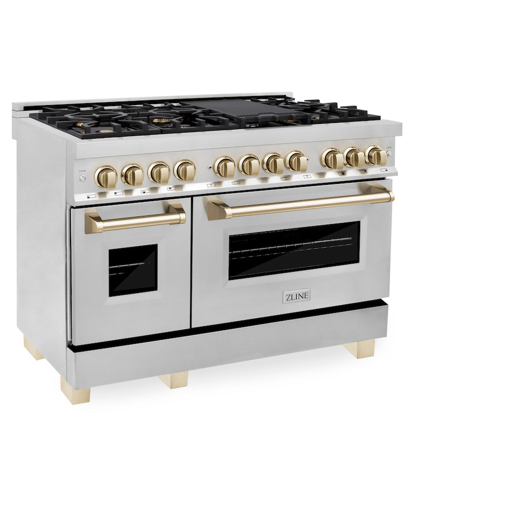 ZLINE Autograph Edition 48 in. 6.0 cu. ft. Dual Fuel Range with Gas Stove and Electric Oven in Stainless Steel with Polished Gold Accents (RAZ-48-G)