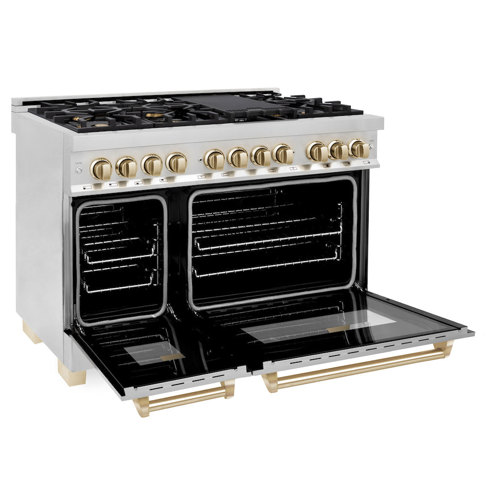 ZLINE Autograph Edition 48 in. 6.0 cu. ft. Dual Fuel Range with Gas Stove and Electric Oven in Stainless Steel with Polished Gold Accents (RAZ-48-G)