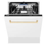 ZLINE Autograph Edition 24 in. 3rd Rack Top Control Tall Tub Dishwasher in White Matte with Polished Gold Accent Handle, 51dBa (DWVZ-WM-24-G)