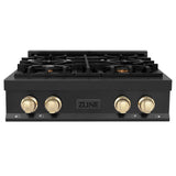 ZLINE Autograph Edition 30 in. Porcelain Rangetop with 4 Gas Burners in Black Stainless Steel and Polished Gold Accents (RTBZ-30-G)