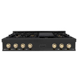 ZLINE Autograph Edition 48 in. Porcelain Rangetop with 7 Gas Burners in Black Stainless Steel and Polished Gold Accents (RTBZ-48-G)