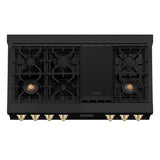 ZLINE Autograph Edition 48 in. Porcelain Rangetop with 7 Gas Burners in Black Stainless Steel and Polished Gold Accents (RTBZ-48-G)