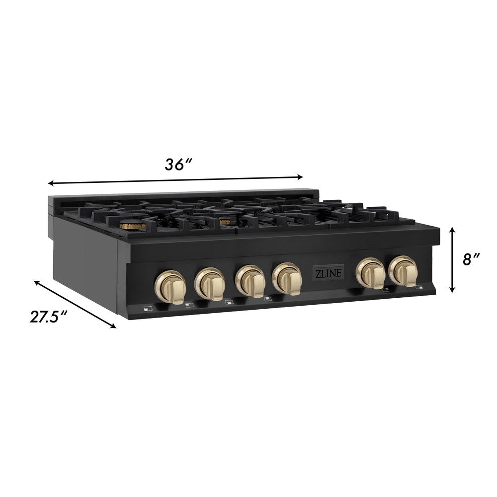 ZLINE Autograph Edition 36 in. Porcelain Rangetop with 6 Gas Burners in Black Stainless Steel and Polished Gold Accents (RTBZ-36-G)