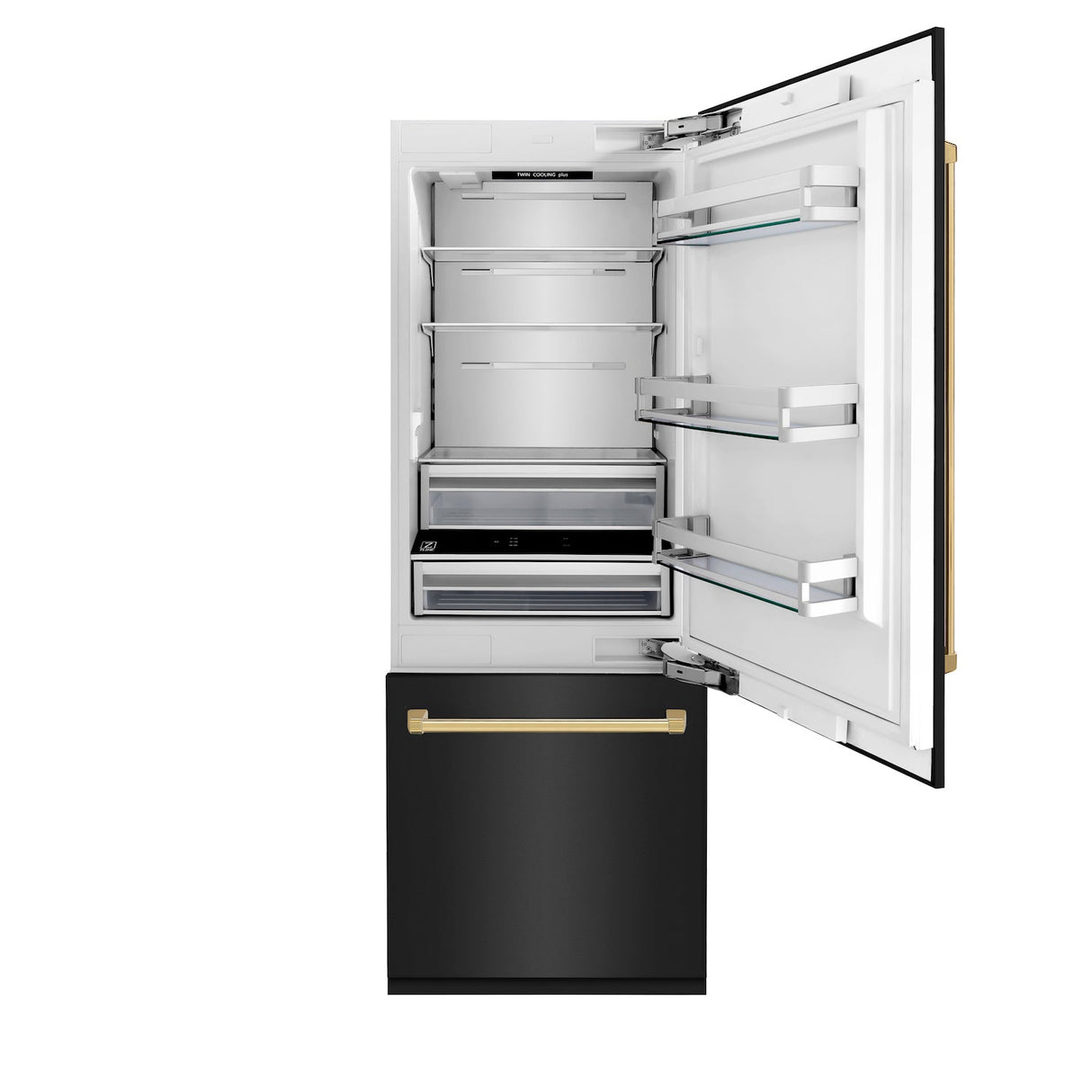 ZLINE 30 in. Autograph Edition 16.1 cu. ft. Built-in 2-Door Bottom Freezer Refrigerator with Internal Water and Ice Dispenser in Black Stainless Steel with Polished Gold Accents (RBIVZ-BS-30-G)