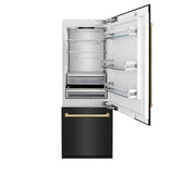 ZLINE 30 in. Autograph Edition 16.1 cu. ft. Built-in 2-Door Bottom Freezer Refrigerator with Internal Water and Ice Dispenser in Black Stainless Steel with Polished Gold Accents (RBIVZ-BS-30-G)