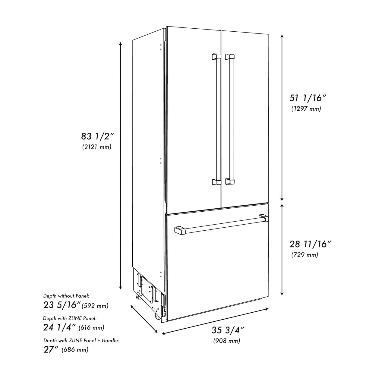 ZLINE 36 in. Autograph Edition 19.6 cu. ft. Built-in 2-Door Bottom Freezer Refrigerator with Internal Water and Ice Dispenser in Fingerprint Resistant Stainless Steel with Polished Gold Accents (RBIVZ-SN-36-G)