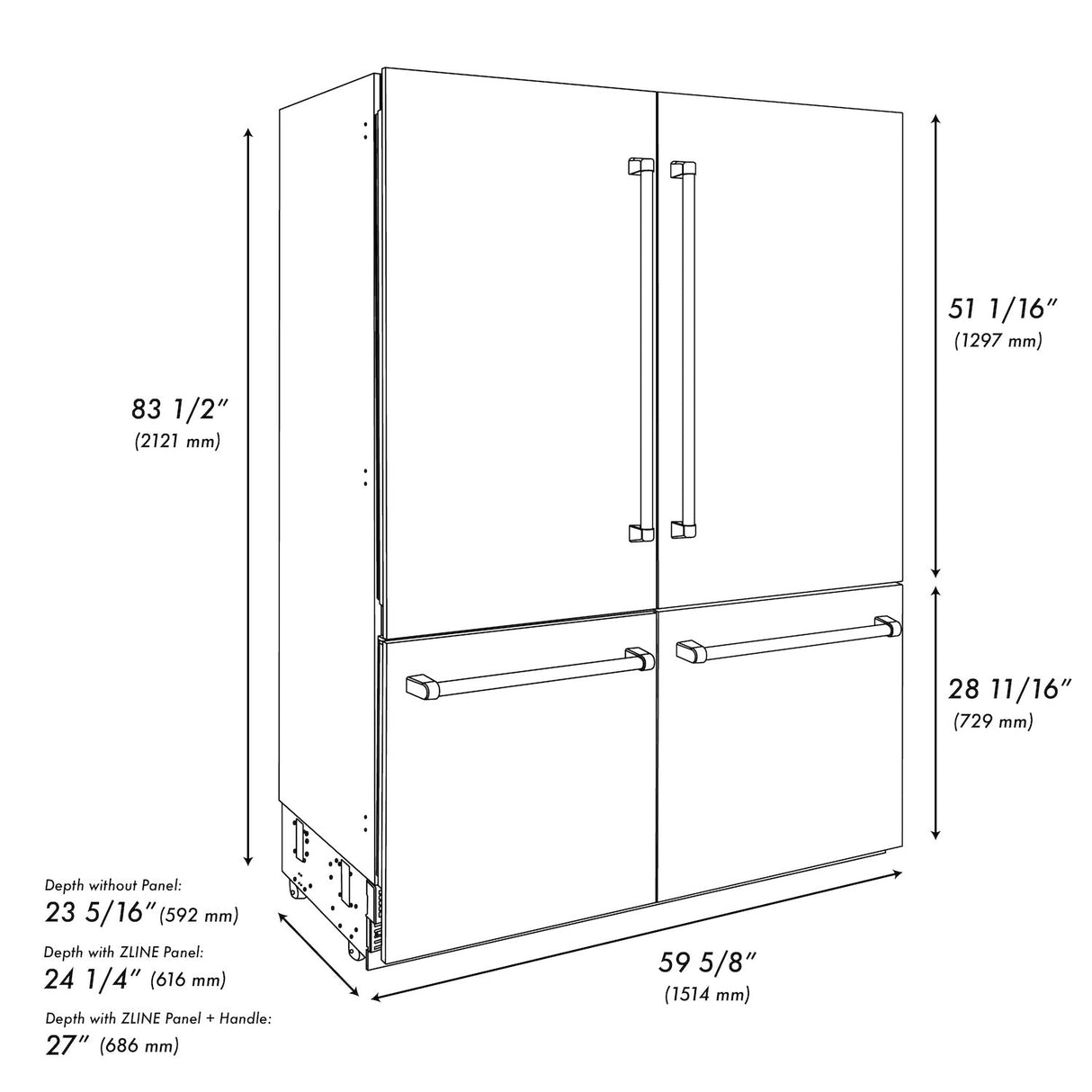 ZLINE 60 in. Autograph Edition 32.2 cu. ft. Built-in 4-Door French Door Refrigerator with Internal Water and Ice Dispenser in Fingerprint Resistant Stainless Steel with Polished Gold Accents (RBIVZ-SN-60-G)