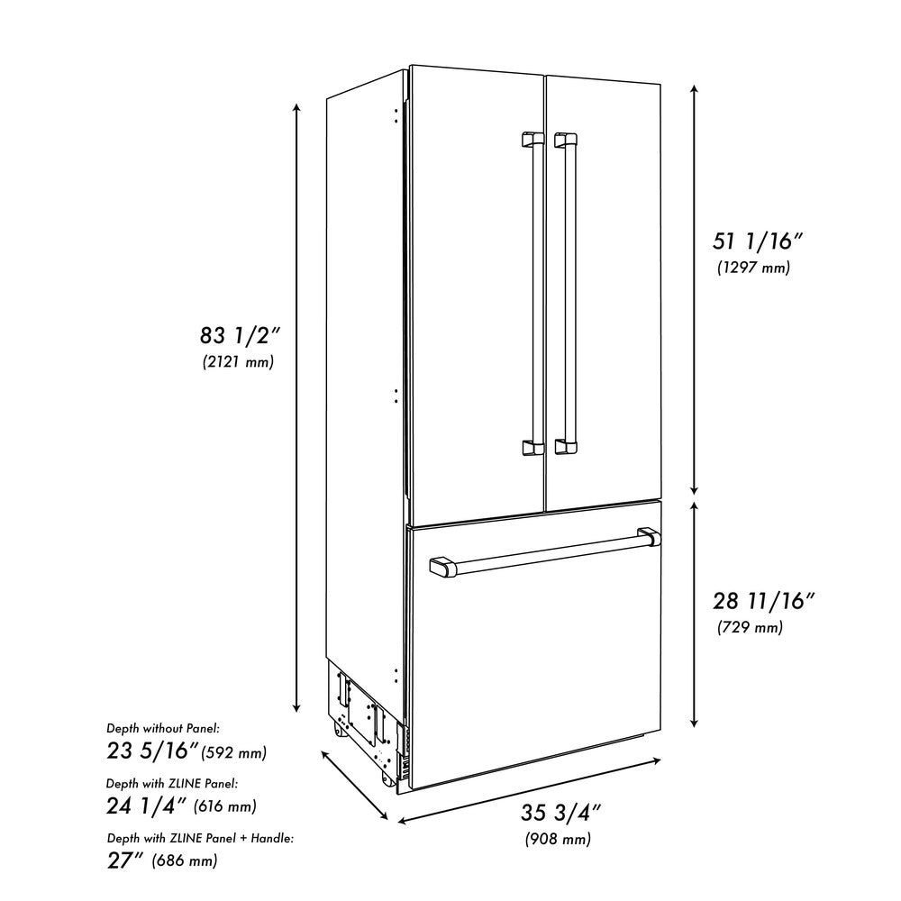 ZLINE 36 in. 19.6 cu. ft. Built-In 3-Door French Door Refrigerator with Internal Water and Ice Dispenser in Stainless Steel (RBIV-304-36)