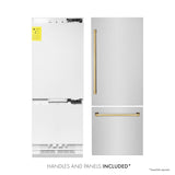 ZLINE 30” Autograph Edition 16.1 cu. ft. Built-in 2-Door Bottom Freezer Refrigerator with Internal Water and Ice Dispenser in Stainless Steel with Polished Gold Accents (RBIVZ-304-30-G)