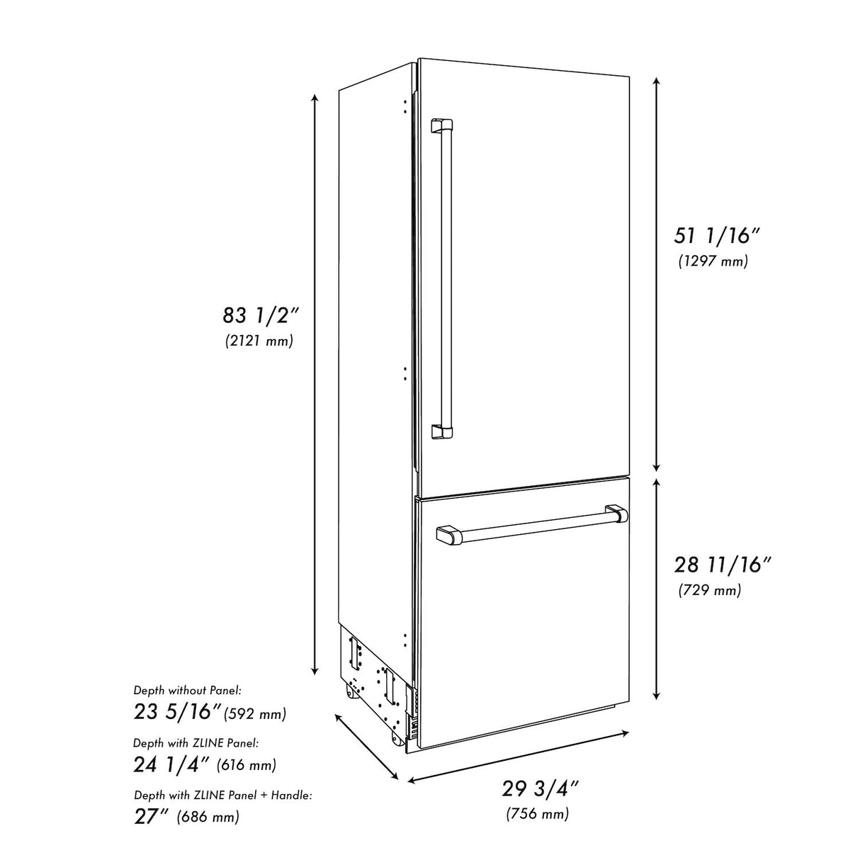 ZLINE 30” Autograph Edition 16.1 cu. ft. Built-in 2-Door Bottom Freezer Refrigerator with Internal Water and Ice Dispenser in Stainless Steel with Matte Black Accents (RBIVZ-304-30-MB)