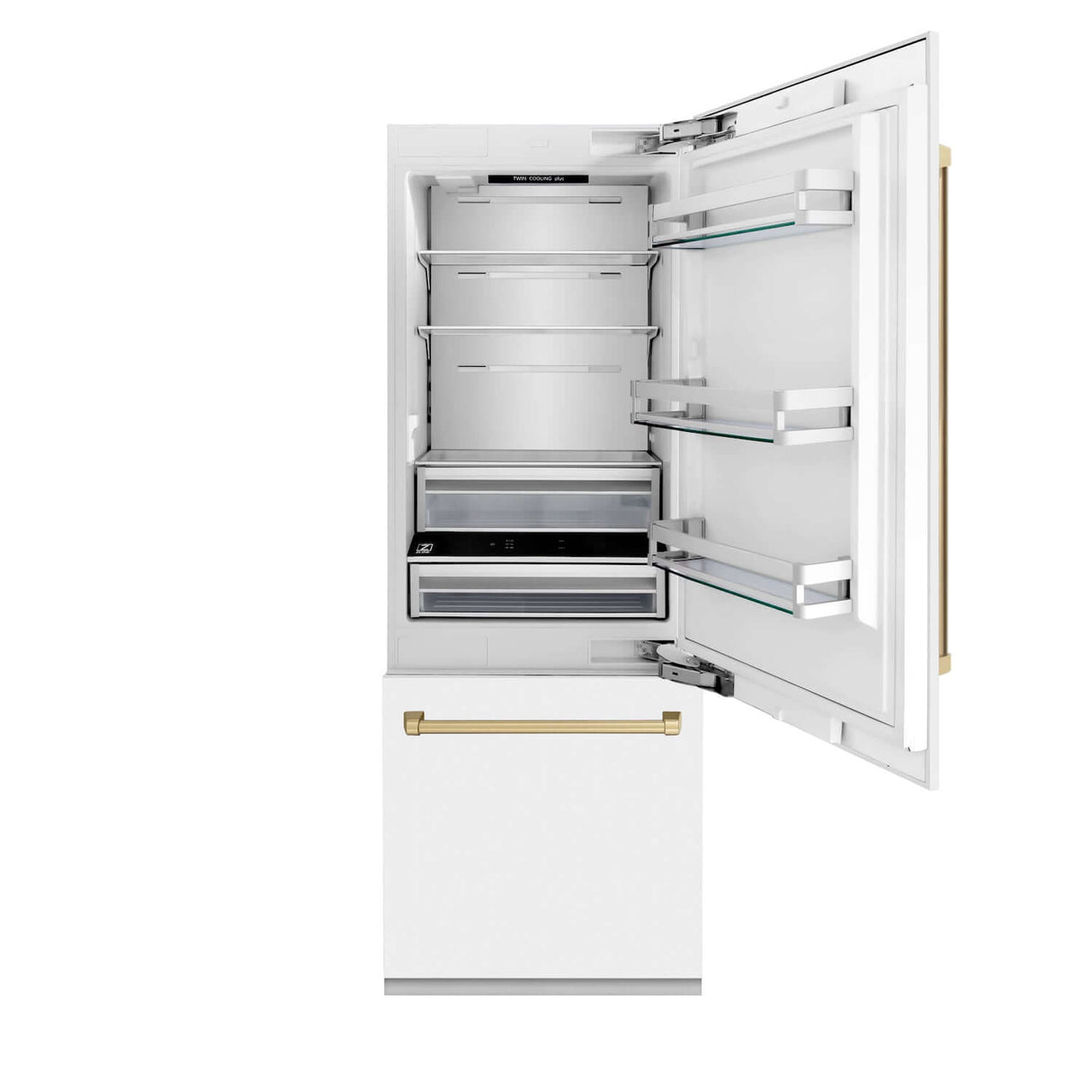 ZLINE 30 in. Autograph Edition 16.1 cu. ft. Built-in 2-Door Bottom Freezer Refrigerator with Internal Water and Ice Dispenser in White Matte with Champagne Bronze Accents (RBIVZ-WM-30-CB)