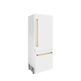 ZLINE 30 in. Autograph Edition 16.1 cu. ft. Built-in 2-Door Bottom Freezer Refrigerator with Internal Water and Ice Dispenser in White Matte with Polished Gold Accents (RBIVZ-WM-30-G)