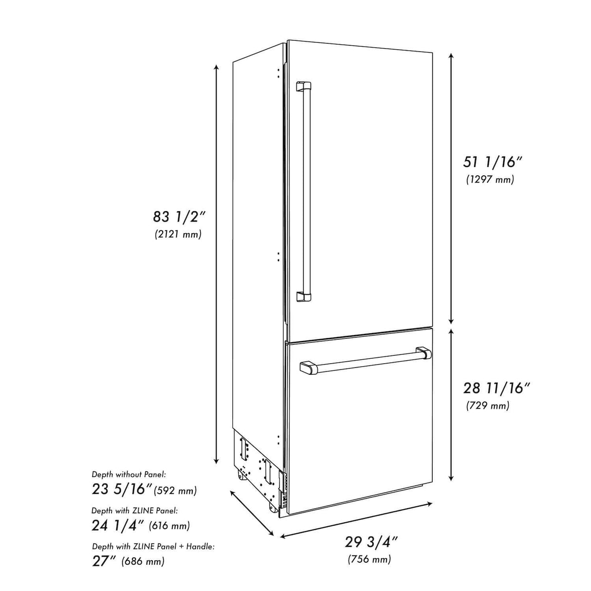 ZLINE 30 in. Autograph Edition 16.1 cu. ft. Built-in 2-Door Bottom Freezer Refrigerator with Internal Water and Ice Dispenser in White Matte with Matte Black Accents (RBIVZ-WM-30-MB)