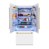 ZLINE 36 in. Autograph Edition 19.6 cu. ft. Built-in 2-Door Bottom Freezer Refrigerator with Internal Water and Ice Dispenser in White Matte with Polished Gold Accents (RBIVZ-WM-36-G)