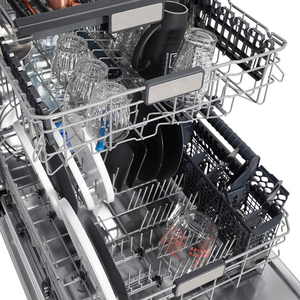 ZLINE 24 in. Monument Series 3rd Rack Top Touch Control Dishwasher with Blue Gloss Panel and Stainless Steel Tub, 45dBa (DWMT-24-BG)