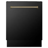 ZLINE Autograph Edition Kitchen Package with Black Stainless Steel with Champagne Bronze Accents 30 in. Dual Fuel Range, 30 in. Range Hood, 24 in. Dishwasher, and 36 in. French Door Refrigerator with External Water Dispenser (4AKPR-RABRHDWV30-CB)