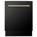 ZLINE 48 in. Autograph Edition Kitchen Package with Black Stainless Steel Dual Fuel Range, Range Hood, Dishwasher and Refrigeration Including External Water Dispenser with Polished Gold Accents (4AKPR-RABRHDWV48-G)