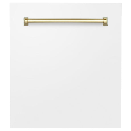 ZLINE 24 in. Autograph Edition Tallac Dishwasher Panel in White Matte with Champagne Bronze handle front.