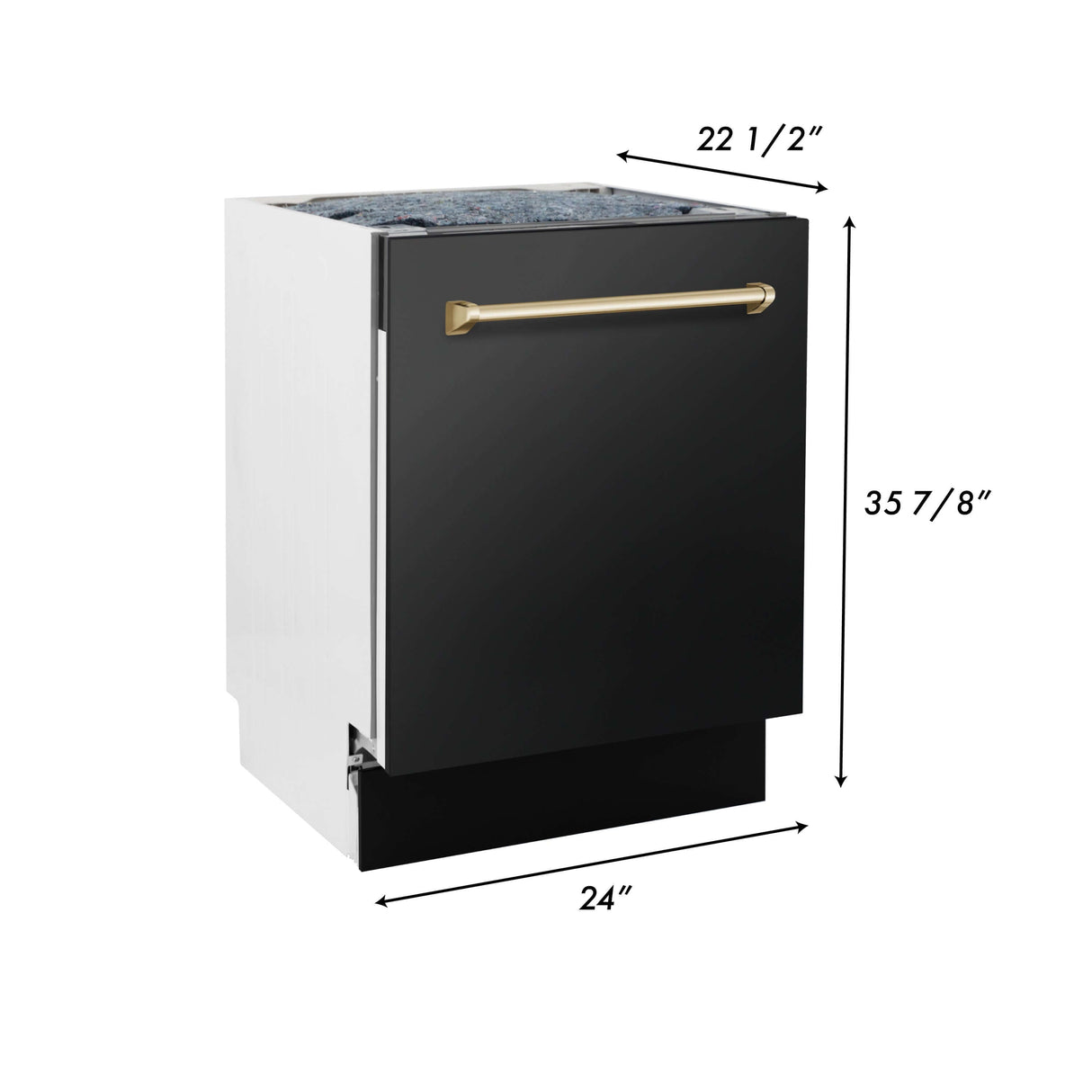 ZLINE 36 in. Autograph Edition Kitchen Package with Black Stainless Steel Dual Fuel Range, Range Hood, Dishwasher, and French Door Refrigerator with External Water Dispenser with Champagne Bronze Accents (4AKPR-RABRHDWV36-CB)