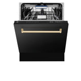 ZLINE Autograph Edition 36 in. Kitchen Package with Black Stainless Steel Dual Fuel Range, Range Hood and Dishwasher with Polished Gold Accents (3AKP-RABRHDWV36-G)