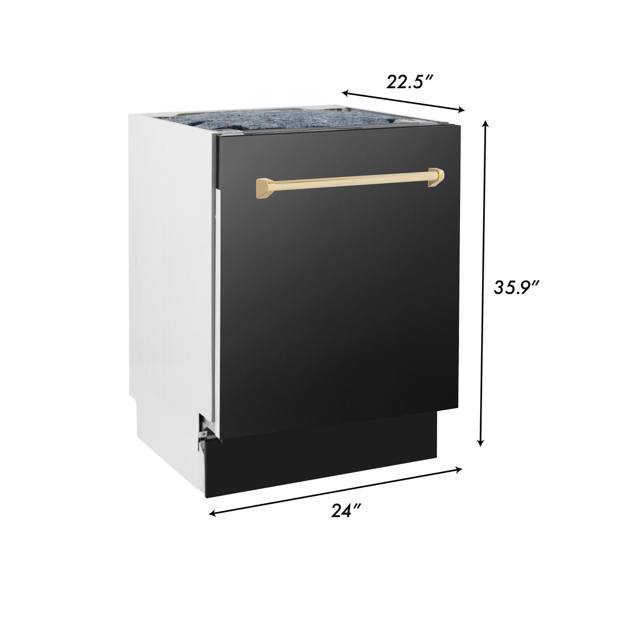 ZLINE 36 in. Autograph Edition Kitchen Package with Black Stainless Steel Dual Fuel Range, Range Hood, Dishwasher, and French Door Refrigerator with Polished Gold Accents (4AKPR-RABRHDWV36-G)