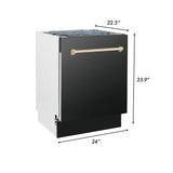 ZLINE 36 in. Autograph Edition Kitchen Package with Black Stainless Steel Dual Fuel Range, Range Hood, Dishwasher, and French Door Refrigerator with Polished Gold Accents (4AKPR-RABRHDWV36-G)