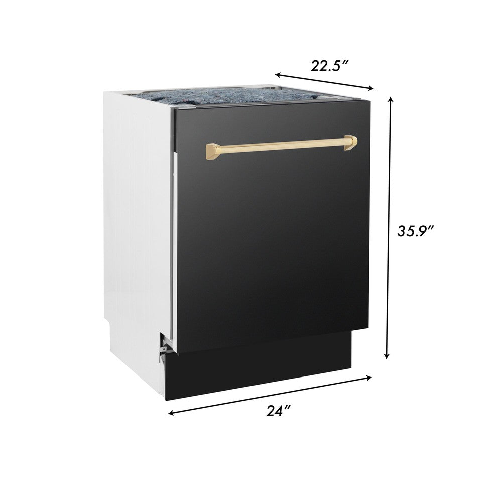 ZLINE 48 in. Autograph Edition Kitchen Package with Black Stainless Steel Dual Fuel Range, Range Hood, Dishwasher and Refrigeration Including External Water Dispenser with Polished Gold Accents (4AKPR-RABRHDWV48-G)