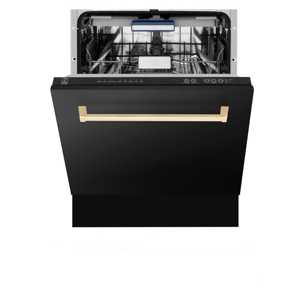 ZLINE Autograph Edition 24 in. 3rd Rack Top Control Tall Tub Dishwasher in Black Stainless Steel with Polished Gold Accent Handle, 51dBa (DWVZ-BS-24-G)