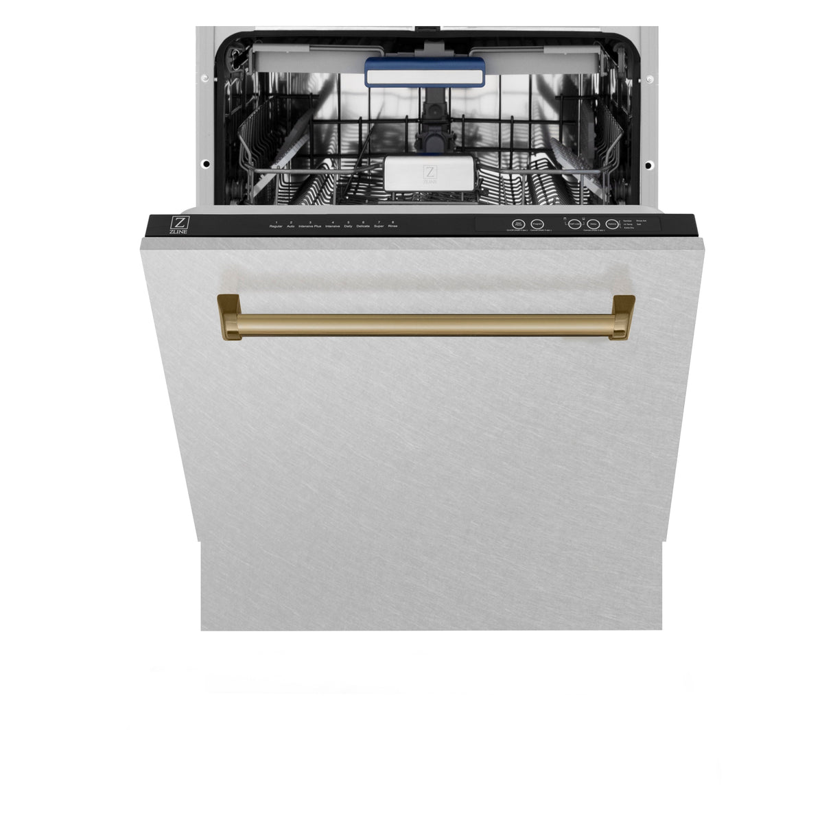 ZLINE Autograph Edition 24 in. 3rd Rack Top Control Tall Tub Dishwasher in Fingerprint Resistant Stainless Steel with Champagne Bronze Accent Handle, 51dBa (DWVZ-SN-24-CB)