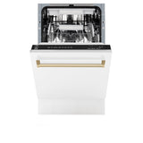 ZLINE Autograph Edition 18” Compact 3rd Rack Top Control Dishwasher in White Matte with Champagne Bronze Accent Handle, 51dBa (DWVZ-WM-18-CB)