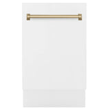 ZLINE Autograph Edition 18” Compact 3rd Rack Top Control Dishwasher in White Matte with Champagne Bronze Accent Handle, 51dBa (DWVZ-WM-18-CB)