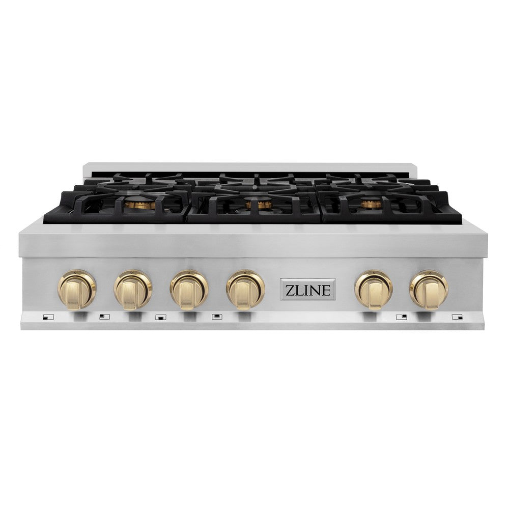 ZLINE Autograph Edition 36 in. Porcelain Rangetop with 6 Gas Burners in Stainless Steel with Polished Gold Accents (RTZ-36-G)