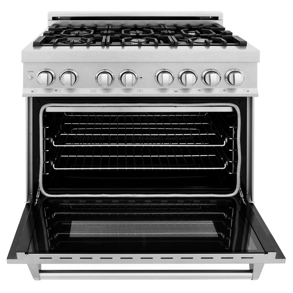 ZLINE 36 in. Kitchen Package with DuraSnow Stainless Steel Dual Fuel Range and Convertible Vent Range Hood (2KP-RASSNRH36)