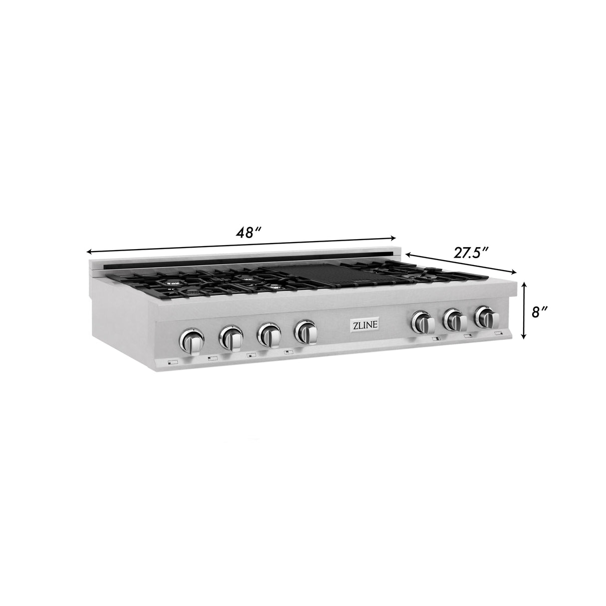 ZLINE 48 in. Porcelain Gas Stovetop in DuraSnow® Stainless Steel with 7 Gas Burners and Griddle (RTS-48)