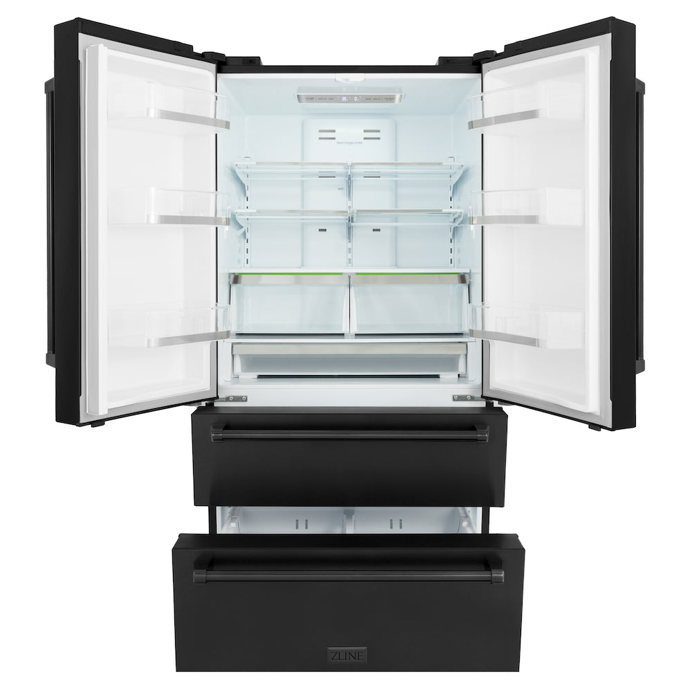 ZLINE Kitchen Package with Black Stainless Steel Refrigeration, 48 in. Dual Fuel Range, 48 in. Range Hood, Microwave Drawer, and 24 in. Tall Tub Dishwasher (5KPR-RABRH48-MWDWV)