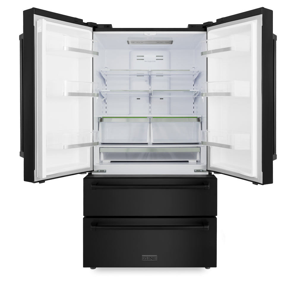 ZLINE Kitchen Package with Black Stainless Steel Refrigeration, 48 in. Dual Fuel Range, 48 in. Range Hood, Microwave Drawer, and 24 in. Tall Tub Dishwasher (5KPR-RABRH48-MWDWV)