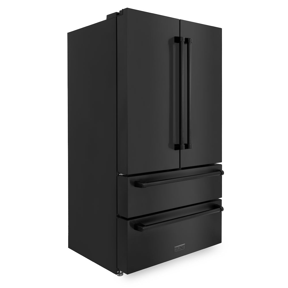 ZLINE Kitchen Package with Black Stainless Steel Refrigeration, 48 in. Dual Fuel Range, 48 in. Range Hood, Microwave Drawer, and 24 in. Tall Tub Dishwasher (5KPR-RABRH48-MWDWV)