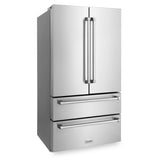 ZLINE Kitchen Package with 36 in. French Door Refrigerator, 36 in. Stainless Steel Dual Fuel Range, 36 in. Convertible Vent Range Hood, 24 in. Microwave Drawer, and 24 in. Tall Tub Dishwasher (5KPR-RARH36-MWDWV)