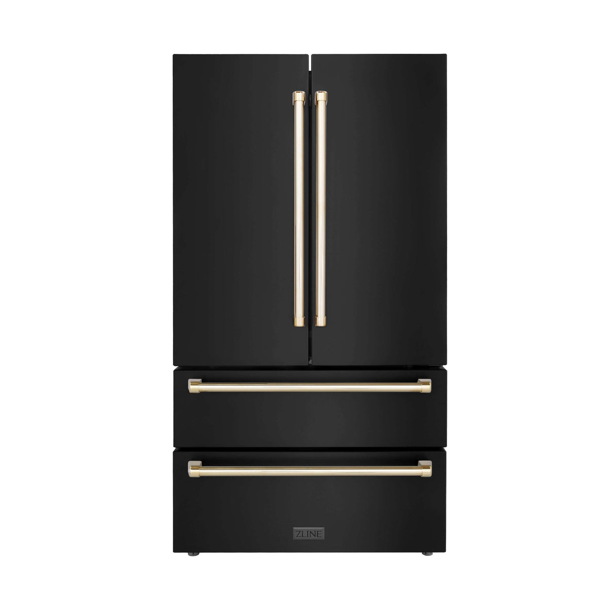 ZLINE 36 in. Autograph Edition Kitchen Package with Black Stainless Steel Dual Fuel Range, Range Hood, Dishwasher, and French Door Refrigerator with Polished Gold Accents (4AKPR-RABRHDWV36-G)