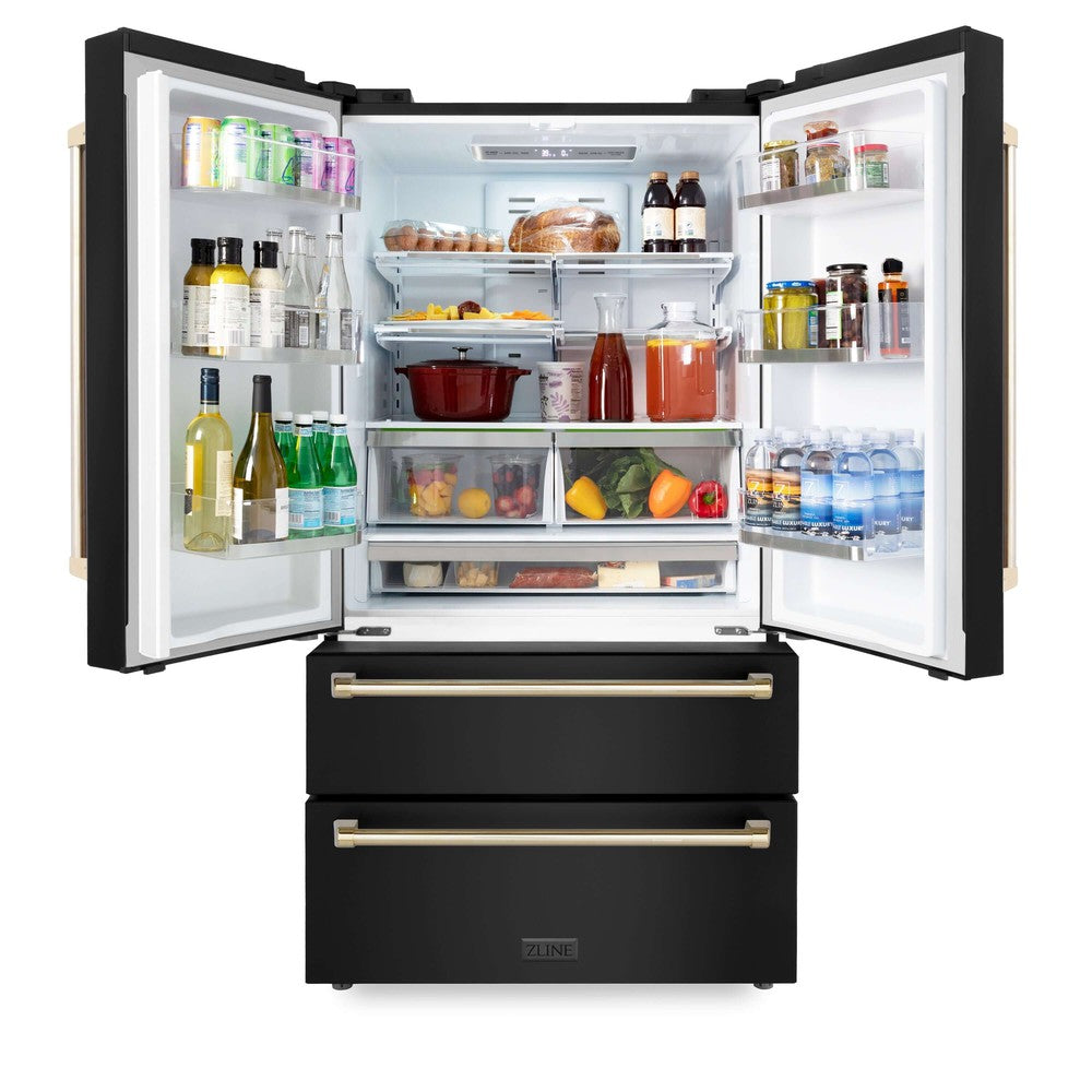 ZLINE 48 in. Autograph Edition Kitchen Package with Black Stainless Steel Dual Fuel Range, Range Hood, Dishwasher and Refrigeration Including External Water Dispenser with Polished Gold Accents (4AKPR-RABRHDWV48-G)