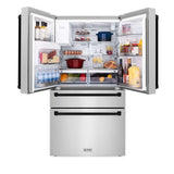 ZLINE 36 in. Autograph Edition Kitchen Package with Stainless Steel Dual Fuel Range, Range Hood, Dishwasher and Refrigeration Including External Water Dispenser with Matte Black Accents (4AKPR-RARHDWM36-MB)
