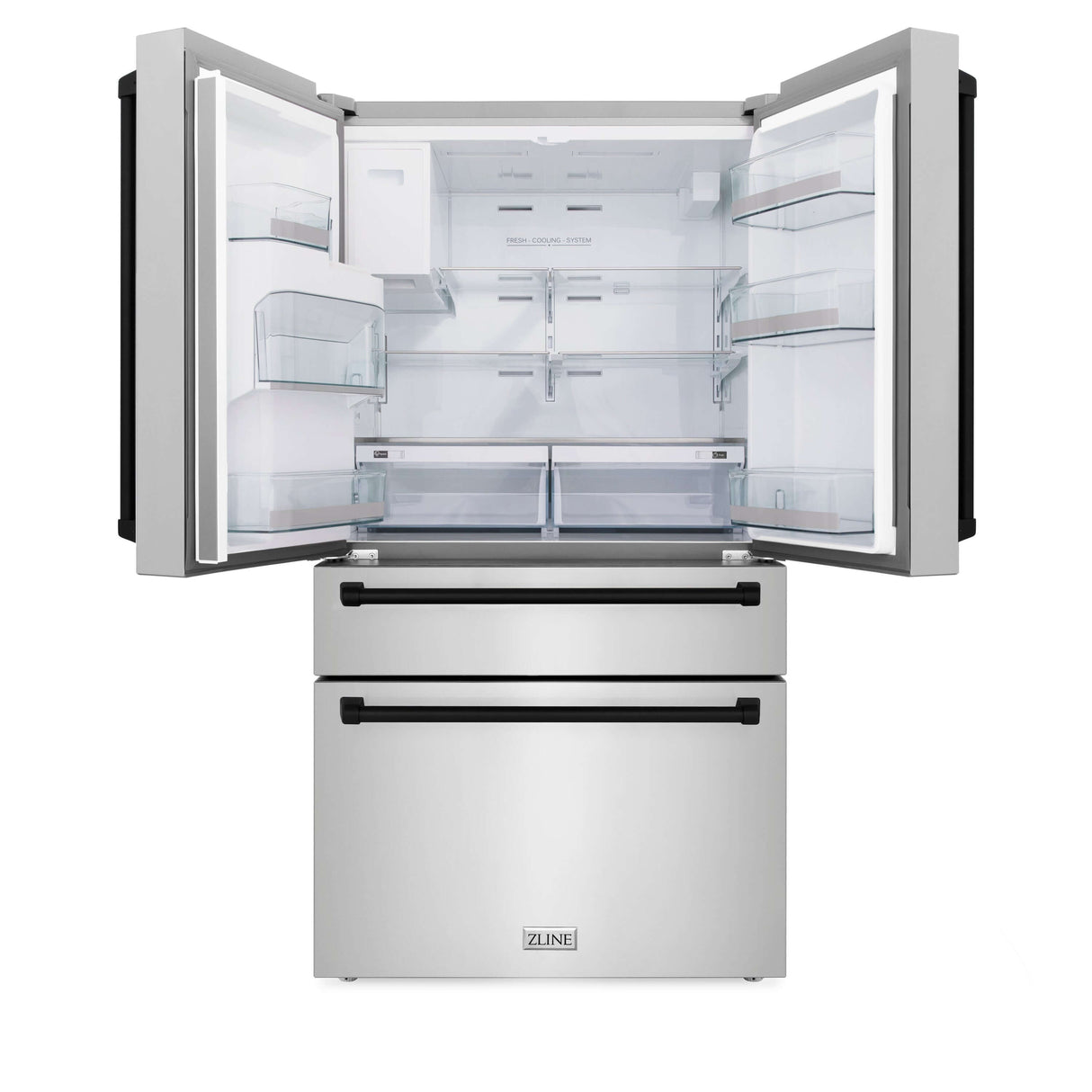 ZLINE 36 in. Autograph Edition Kitchen Package with Stainless Steel Dual Fuel Range, Range Hood, Dishwasher and Refrigeration Including External Water Dispenser with Matte Black Accents (4AKPR-RARHDWM36-MB)